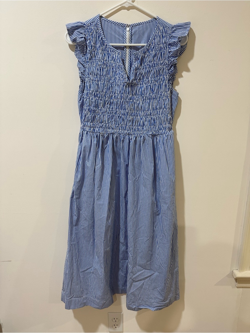 J.Crew Factory Small Blue White Striped Smocked Midi Dress Ruffle Sleeve